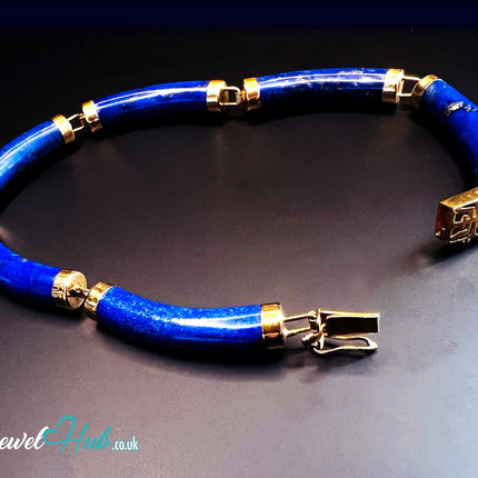 14K Gold Lapis Lazuli Bracelet (Hallmarked) 6 Cylindrical Stones | 9.82g | Hallmarked | Character Clasp | Traditional & Wellness-Inspired JH