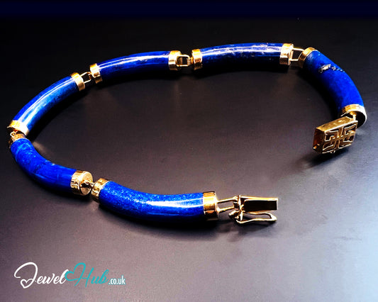 14K Gold Lapis Lazuli Bracelet (Hallmarked) 6 Cylindrical Stones | 9.82g | Hallmarked | Character Clasp | Traditional & Wellness-Inspired