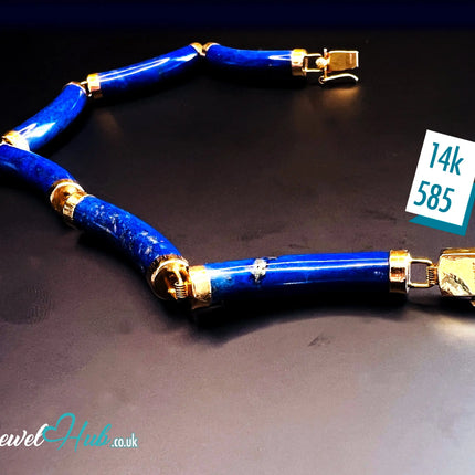 14K Gold Lapis Lazuli Bracelet (Hallmarked) 6 Cylindrical Stones | 9.82g | Hallmarked | Character Clasp | Traditional & Wellness-Inspired JH