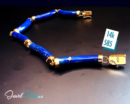 14K Gold Lapis Lazuli Bracelet (Hallmarked) 6 Cylindrical Stones | 9.82g | Hallmarked | Character Clasp | Traditional & Wellness-Inspired