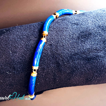 14K Gold Lapis Lazuli Bracelet (Hallmarked) 6 Cylindrical Stones | 9.82g | Hallmarked | Character Clasp | Traditional & Wellness-Inspired JH