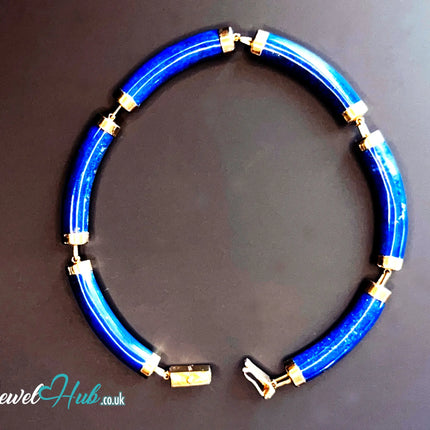 14K Gold Lapis Lazuli Bracelet (Hallmarked) 6 Cylindrical Stones | 9.82g | Hallmarked | Character Clasp | Traditional & Wellness-Inspired JH