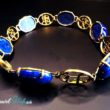 14K Gold Lapis Lazuli Bracelet – Hallmarked | 6 Oval Gemstones + 福祿壽安康寧 Charms | 8.95g Traditional Wellness Jewellery JH