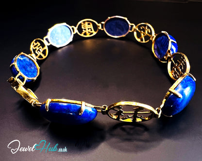 14K Gold Lapis Lazuli Bracelet – Hallmarked | 6 Oval Gemstones + 福祿壽安康寧 Charms | 8.95g Traditional Wellness Jewellery