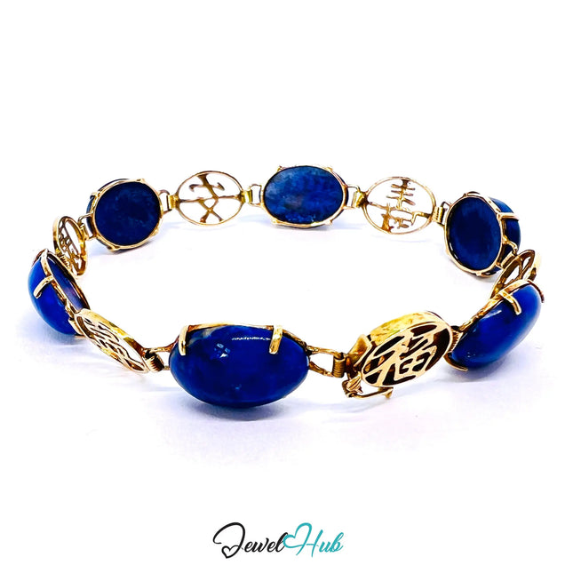 14K Gold Lapis Lazuli Bracelet – Hallmarked | 6 Oval Gemstones + 福祿壽安康寧 Charms | 8.95g Traditional Wellness Jewellery JH