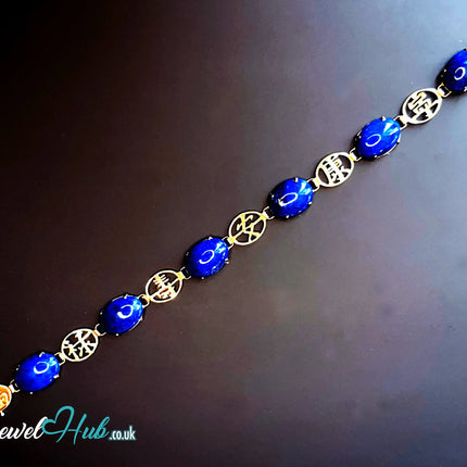 14K Gold Lapis Lazuli Bracelet – Hallmarked | 6 Oval Gemstones + 福祿壽安康寧 Charms | 8.95g Traditional Wellness Jewellery JH