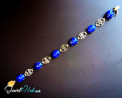14K Gold Lapis Lazuli Bracelet – Hallmarked | 6 Oval Gemstones + 福祿壽安康寧 Charms | 8.95g Traditional Wellness Jewellery