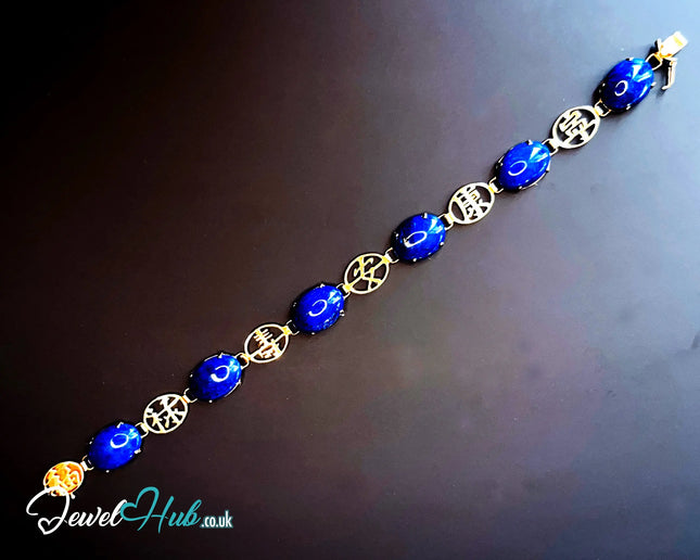 14K Gold Lapis Lazuli Bracelet – Hallmarked | 6 Oval Gemstones + 福祿壽安康寧 Charms | 8.95g Traditional Wellness Jewellery JH