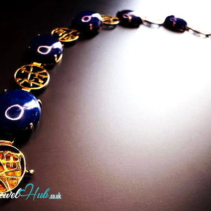 14K Gold Lapis Lazuli Bracelet – Hallmarked | 6 Oval Gemstones + 福祿壽安康寧 Charms | 8.95g Traditional Wellness Jewellery JH