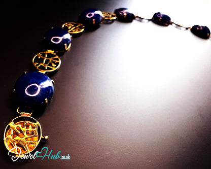 14K Gold Lapis Lazuli Bracelet – Hallmarked | 6 Oval Gemstones + 福祿壽安康寧 Charms | 8.95g Traditional Wellness Jewellery