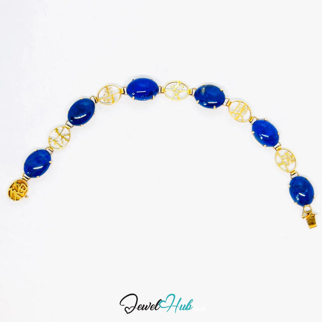 14K Gold Lapis Lazuli Bracelet – Hallmarked | 6 Oval Gemstones + 福祿壽安康寧 Charms | 8.95g Traditional Wellness Jewellery JH