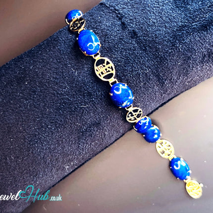 14K Gold Lapis Lazuli Bracelet – Hallmarked | 6 Oval Gemstones + 福祿壽安康寧 Charms | 8.95g Traditional Wellness Jewellery JH