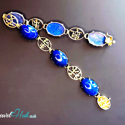 14K Gold Lapis Lazuli Bracelet – Hallmarked | 6 Oval Gemstones + 福祿壽安康寧 Charms | 8.95g Traditional Wellness Jewellery JH