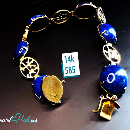 14K Gold Lapis Lazuli Bracelet – Hallmarked | 6 Oval Gemstones + 福祿壽安康寧 Charms | 8.95g Traditional Wellness Jewellery JH