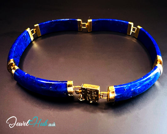 14K Gold Lapis Lazuli Bracelet – 6 Sculptural Gemstones | Hallmarked | 11.96g | 18cm Wellness Jewellery