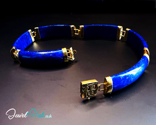 14K Gold Lapis Lazuli Bracelet – 6 Sculptural Gemstones | Hallmarked | 11.96g | 18cm Wellness Jewellery