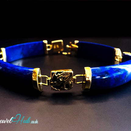 14K Gold Lapis Lazuli Bracelet – 4 Sculptural Gemstones + 3 Dragon Motifs | 11.96g | 18cm | Symbolic Artisan Jewellery JH