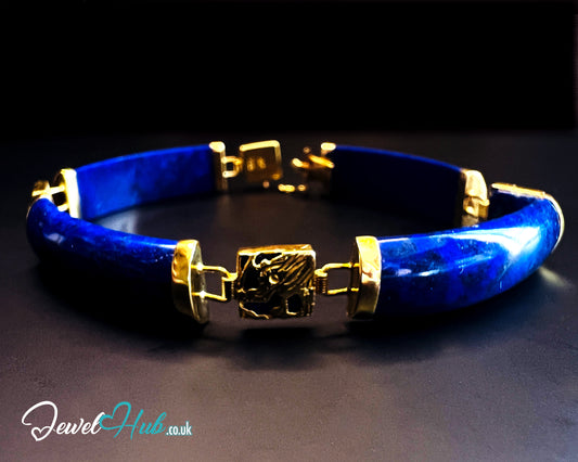 14K Gold Lapis Lazuli Bracelet – 4 Sculptural Gemstones + 3 Dragon Motifs | 11.96g | 18cm | Symbolic Artisan Jewellery