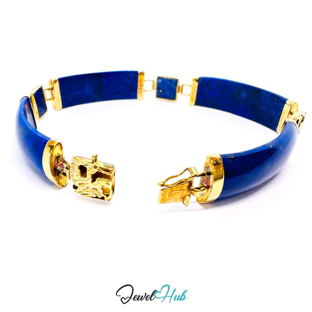 14K Gold Lapis Lazuli Bracelet – 4 Sculptural Gemstones + 3 Dragon Motifs | 11.96g | 18cm | Symbolic Artisan Jewellery JH