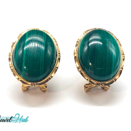 14k (585) Solid Yellow Gold Green Malachite Oval Stud Earrings JH