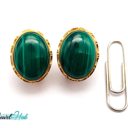 14k (585) Solid Yellow Gold Green Malachite Oval Stud Earrings JH