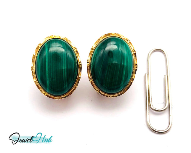 14k (585) Solid Yellow Gold Green Malachite Oval Stud Earrings JH