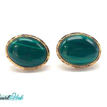 14k (585) Solid Yellow Gold Green Malachite Oval Stud Earrings JH