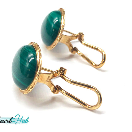 14k (585) Solid Yellow Gold Green Malachite Oval Stud Earrings JH