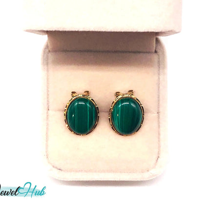 14k (585) Solid Yellow Gold Green Malachite Oval Stud Earrings JH