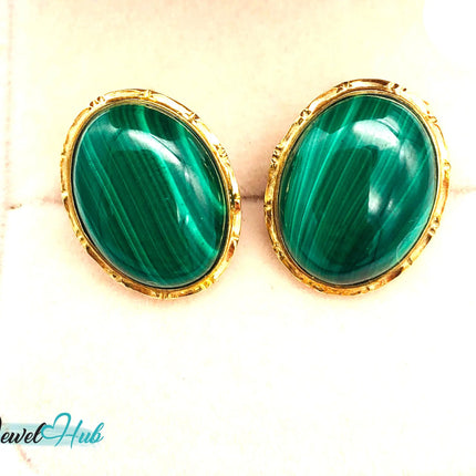 14k (585) Solid Yellow Gold Green Malachite Oval Stud Earrings JH
