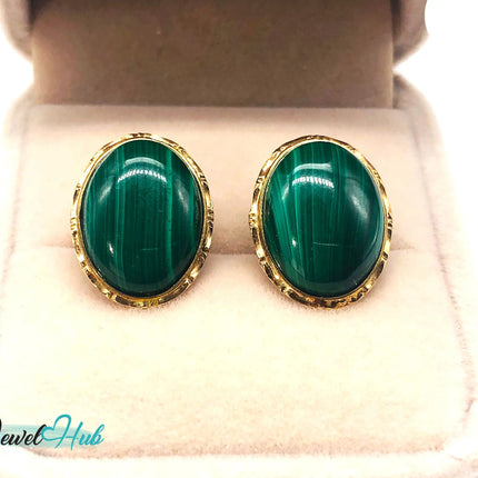 14k (585) Solid Yellow Gold Green Malachite Oval Stud Earrings JH