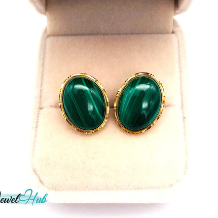 14k (585) Solid Yellow Gold Green Malachite Oval Stud Earrings JH