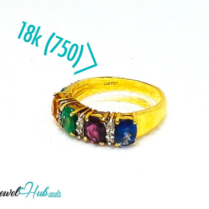 18K Gold Multi-colour Radiance Ring - Hallmarked (750) Gemstones 2.2ct  & Diamonds| UK P US 8 | Rainbow Multi-colour JH