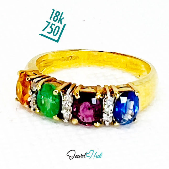 18K Gold Ring Hallmarked (750) Multi-colour Radiance Gemstones 2.2ct  & Diamonds| UK P US 8 JH