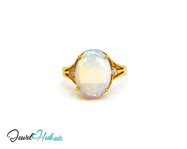 18K Gold Luxury Cabochon Cut Opal Ring – Hallmarked (750) | UK M US 6.5 | October Birthstone JH