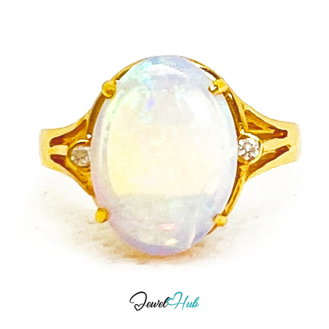 18K Gold Luxury Cabochon Cut Opal Ring – Hallmarked (750) | UK M US 6.5 | October Birthstone JH