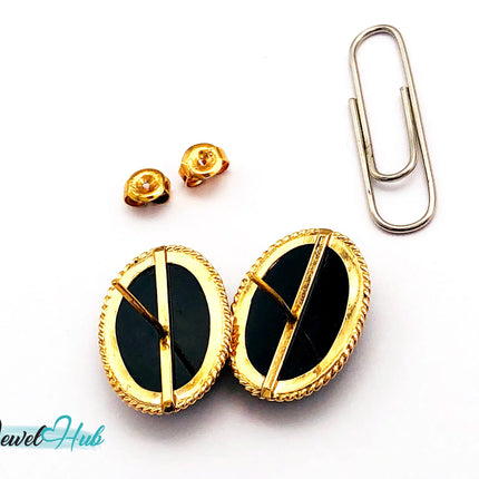 14k (585) Solid Yellow Gold Vintage Black Onyx Oval Stud Earrings JH