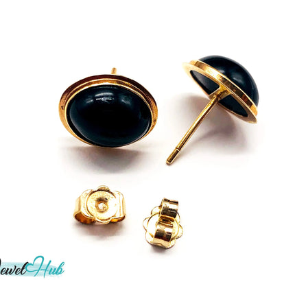 14k (585) Solid Yellow Gold Vintage Black Onyx Round Stud Earrings JH