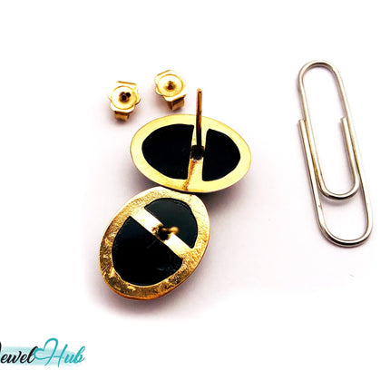 14k (585) Solid Yellow Gold Vintage Black Onyx Round Stud Earrings JH