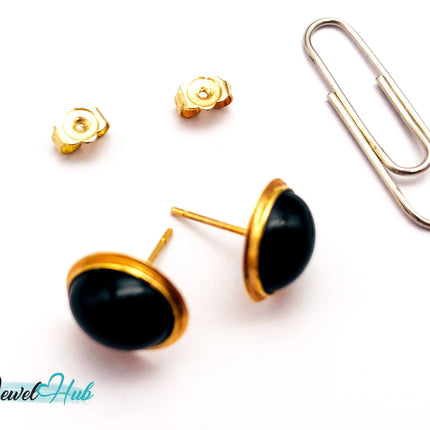 14k (585) Solid Yellow Gold Vintage Black Onyx Round Stud Earrings JH