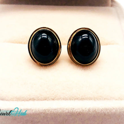 14k (585) Solid Yellow Gold Vintage Black Onyx Round Stud Earrings JH