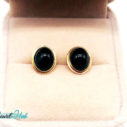 14k (585) Solid Yellow Gold Vintage Black Onyx Round Stud Earrings JH