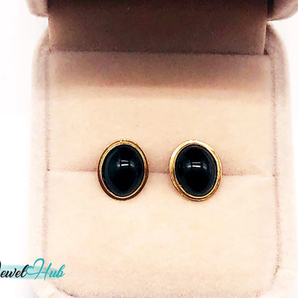 14k (585) Solid Yellow Gold Vintage Black Onyx Round Stud Earrings JH