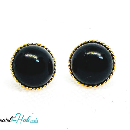 14K Solid Gold Round Onyx Stud Earrings with Floral Halo – 13mm Gemstone JH