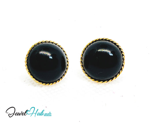 14K Solid Gold Round Onyx Stud Earrings with Floral Halo – 13mm Gemstone