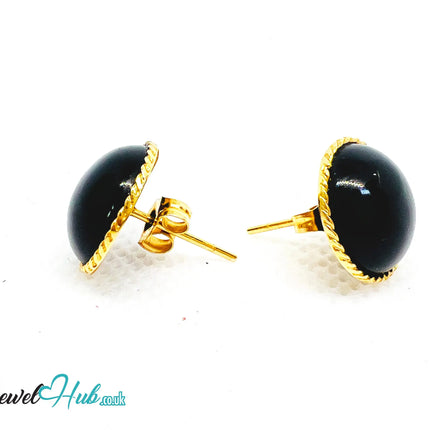 14K Solid Gold Round Onyx Stud Earrings with Floral Halo – 13mm Gemstone JH