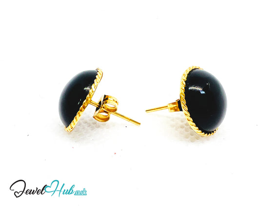 14K Solid Gold Round Onyx Stud Earrings with Floral Halo – 13mm Gemstone