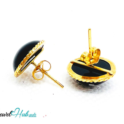 14K Solid Gold Round Onyx Stud Earrings with Floral Halo – 13mm Gemstone JH