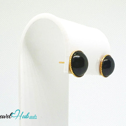 14K Solid Gold Round Onyx Stud Earrings with Floral Halo – 13mm Gemstone JH