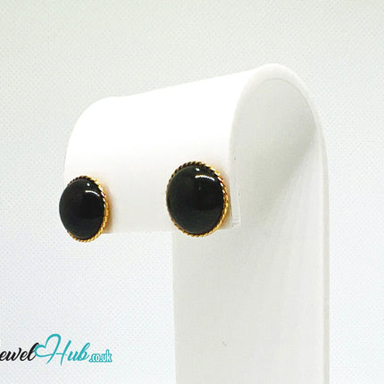 14K Solid Gold Round Onyx Stud Earrings with Floral Halo – 13mm Gemstone JH